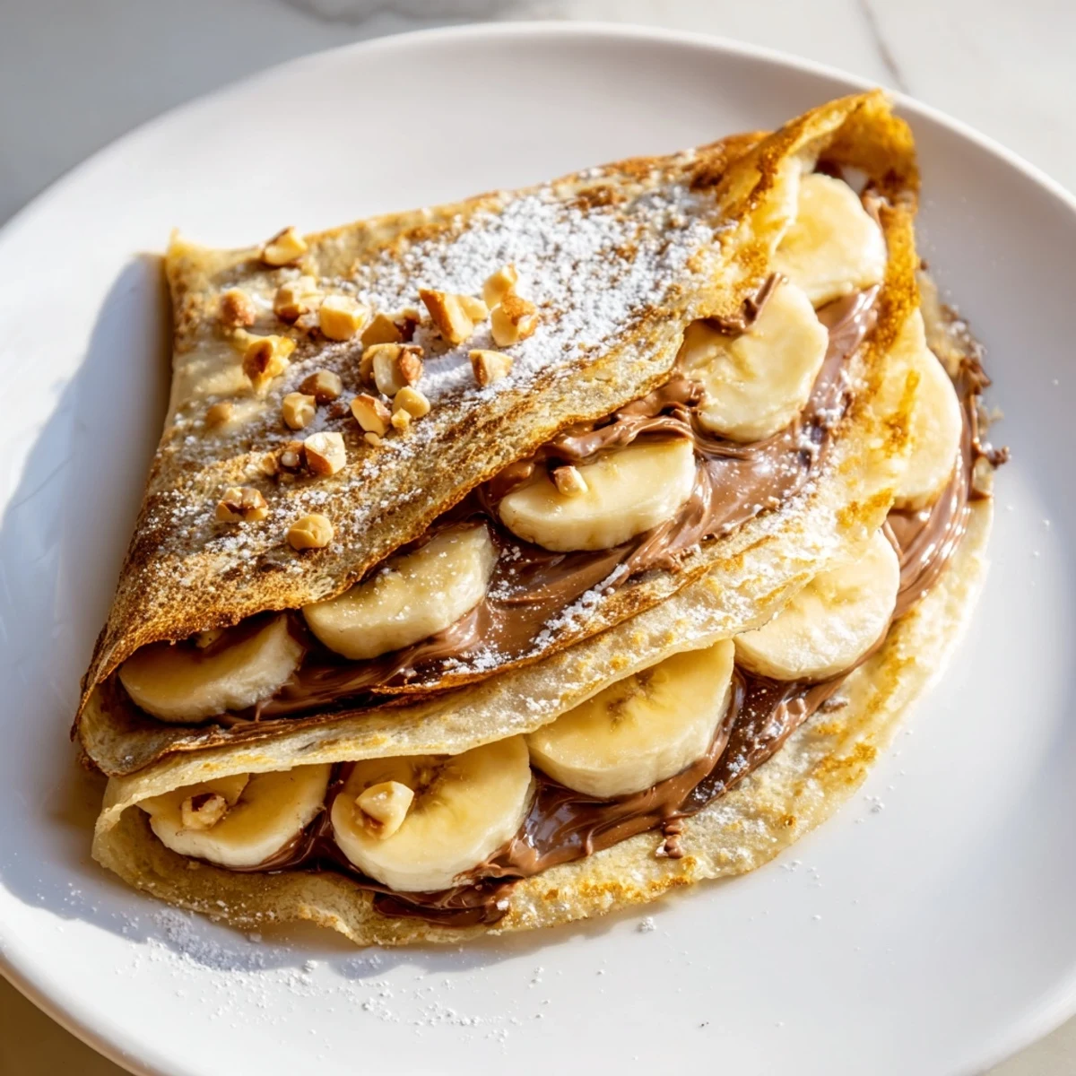 Warm and golden, this banana Nutella wrap shows folded tortilla deliciousness and melting chocolate.