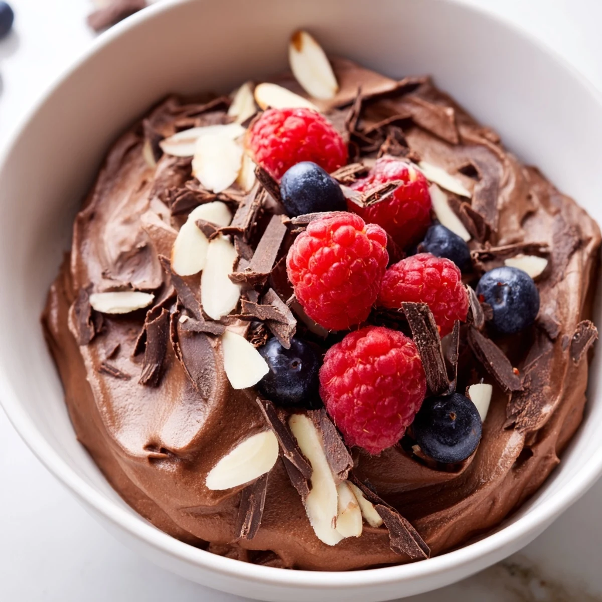 Silky chocolate avocado mousse, topped with fresh berries, ready for a delicious vegan dessert.