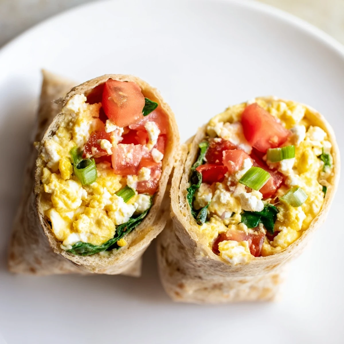 Golden feta egg wrap, showing fluffy scrambled eggs and vibrant vegetables, ready to eat.