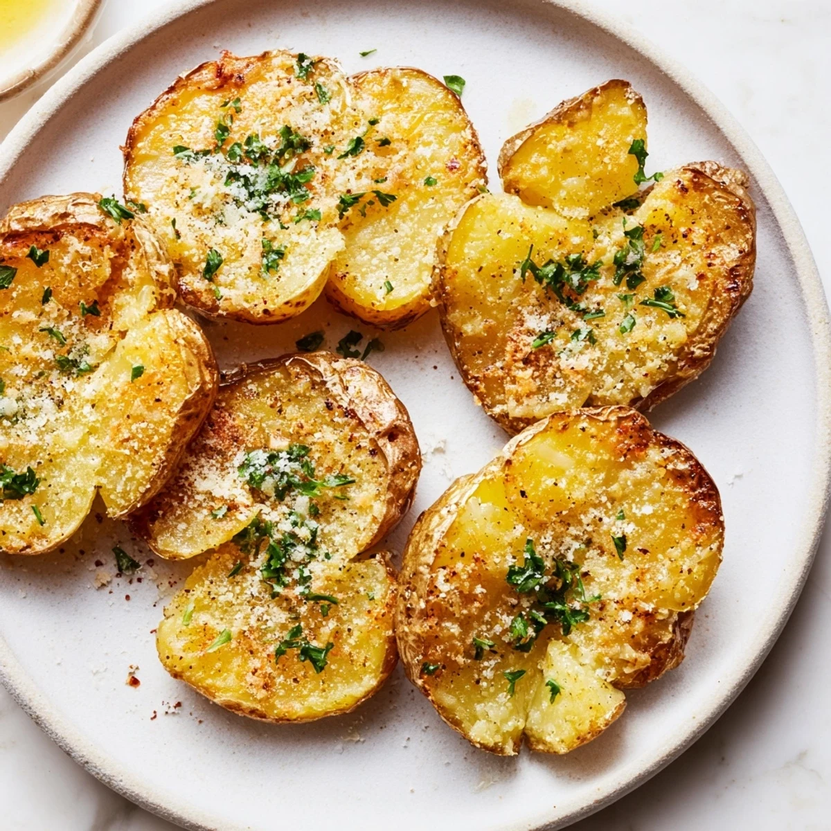 Golden, crispy Garlic Parmesan Potatoes glistening on a baking sheet, ready to serve as a side.