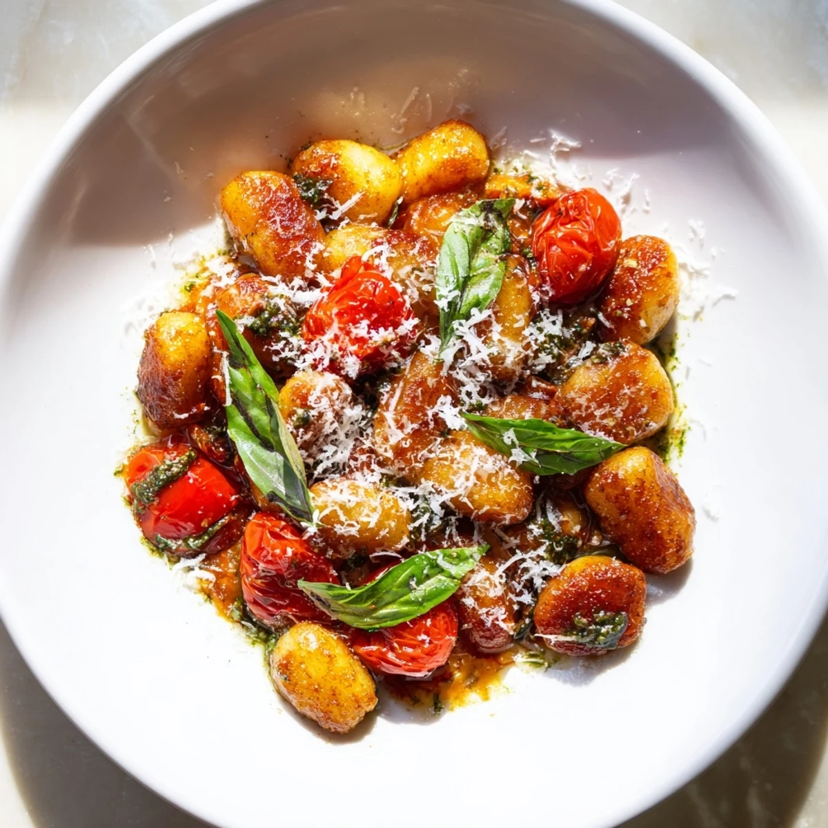 Golden, pan-fried Crispy Gnocchi with Pesto, vibrant with cherry tomatoes and fresh pesto, ready to serve.