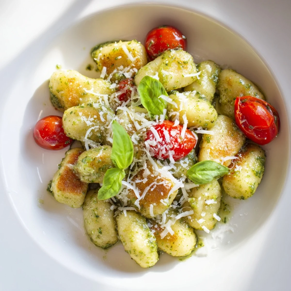 A delicious bowl of Crispy Gnocchi with Pesto, the perfect easy vegetarian Italian meal ready quickly.