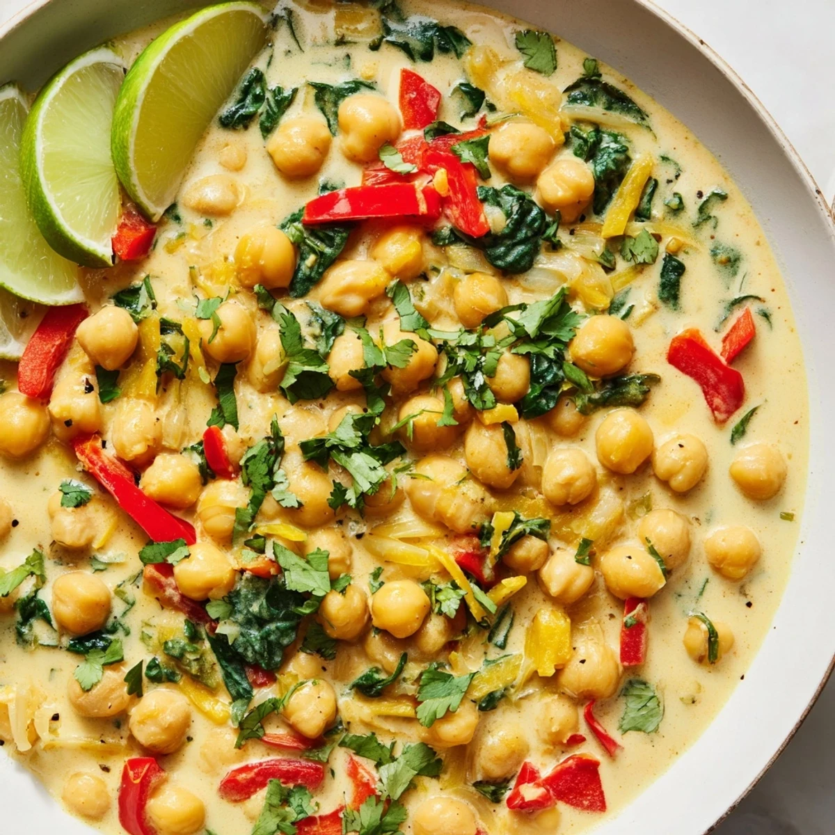 A steaming bowl of chickpea curry, garnished with cilantro and lime, ready to enjoy.