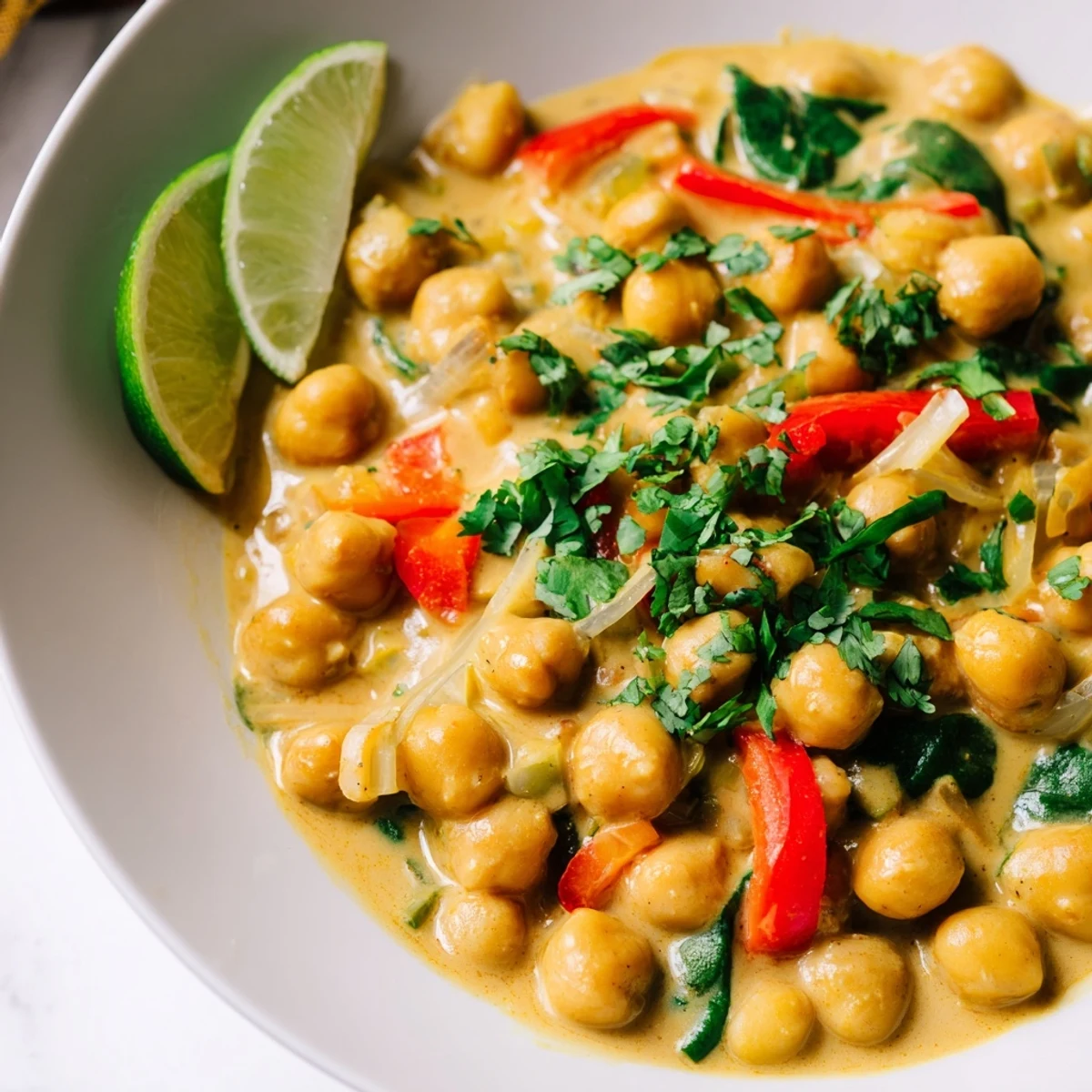 Close-up of creamy chickpea curry, showcasing tender chickpeas and delicious warming spices.