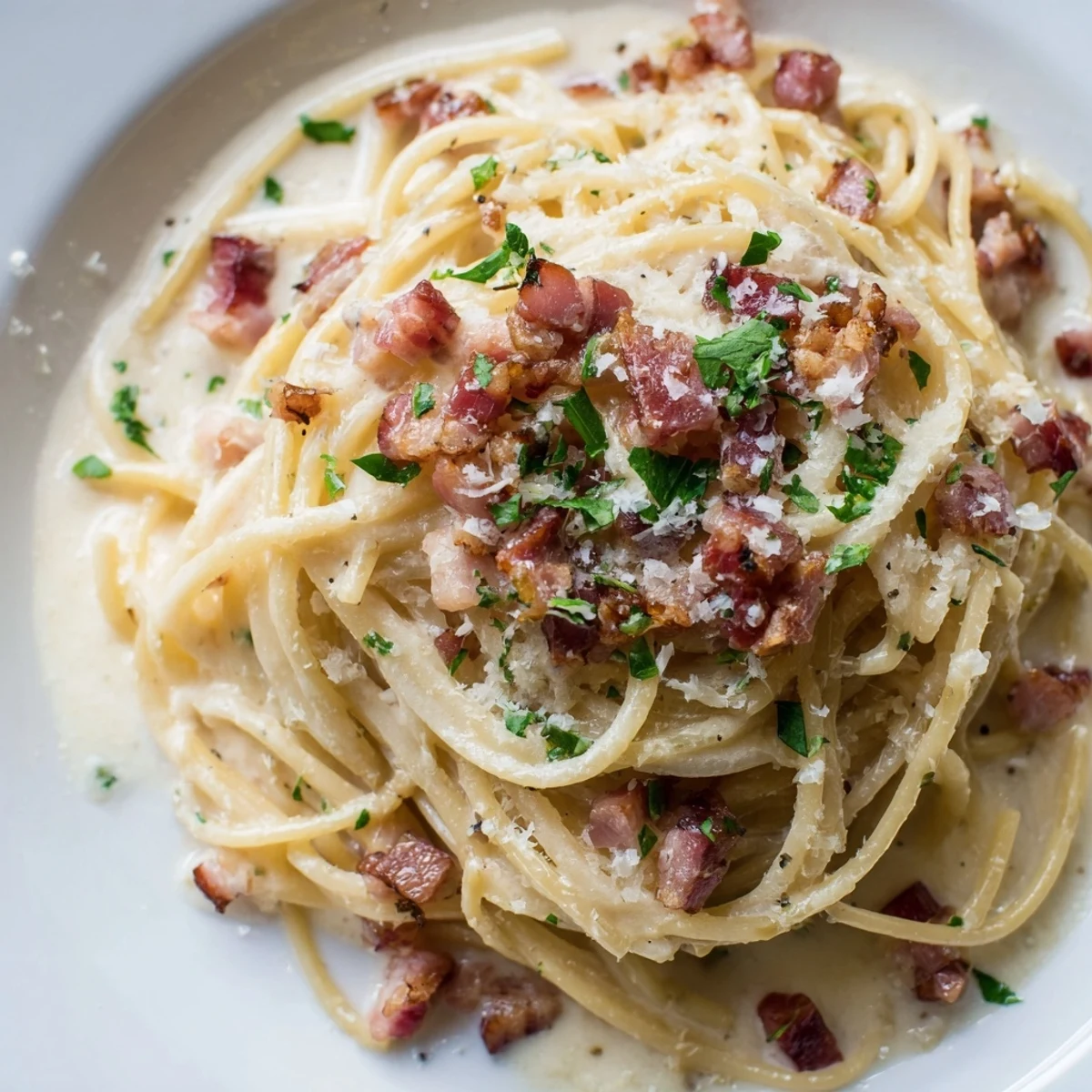 Golden-brown bits of bacon and creamy sauce coat this Creamy Garlic Bacon Pasta.