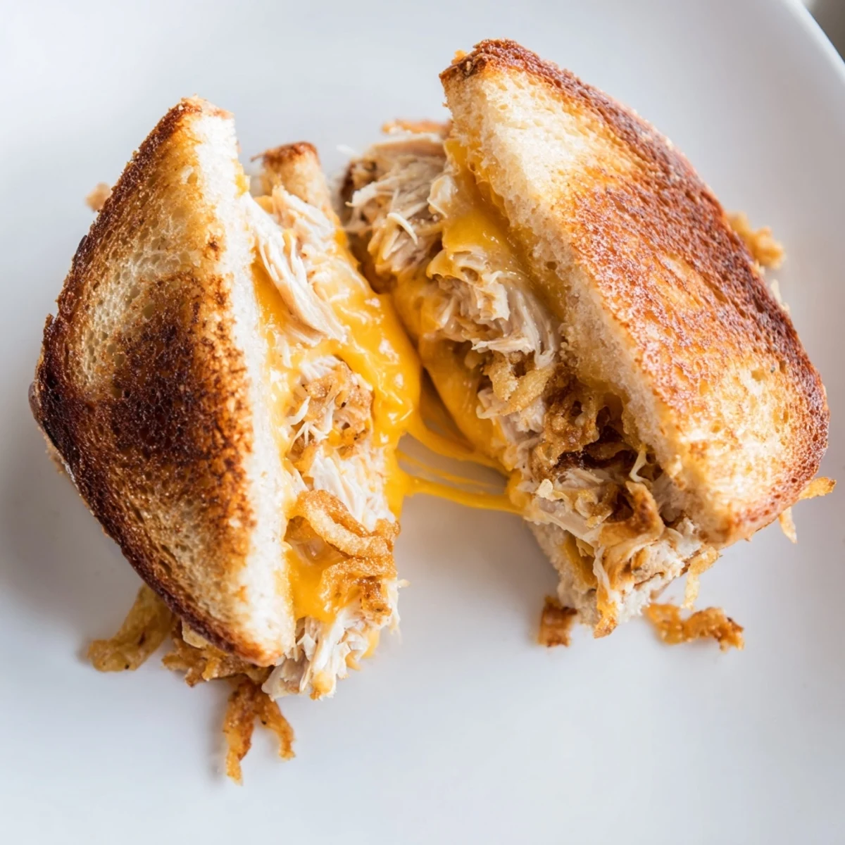 Close-up of a perfectly grilled Crispy Shallot Chicken Grilled Cheese, a comforting meal served hot.