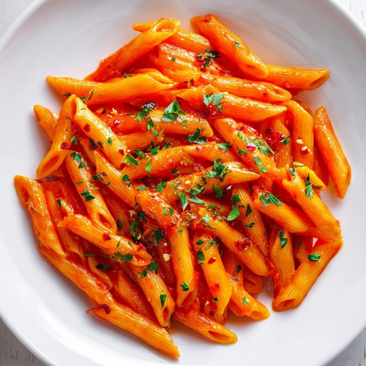 Steaming plate of Penne all'Arrabbiata: pasta coated in a vibrant, spicy, and rich tomato sauce.