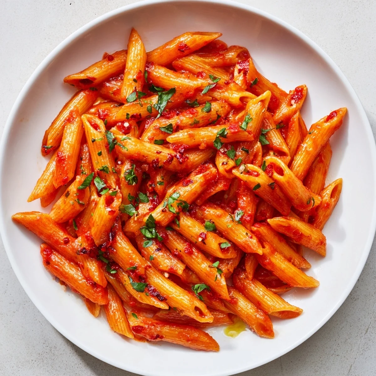 A close-up view of Penne all'Arrabbiata: a delicious Italian pasta dish with a fiery kick.