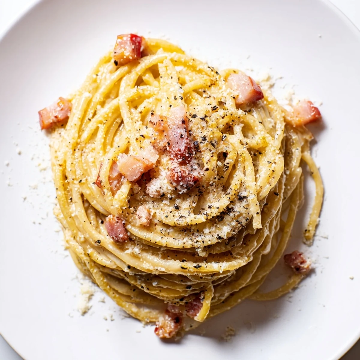 A close-up shot of rich, glossy Express Spaghetti Carbonara, garnished with extra Parmesan and pepper.
