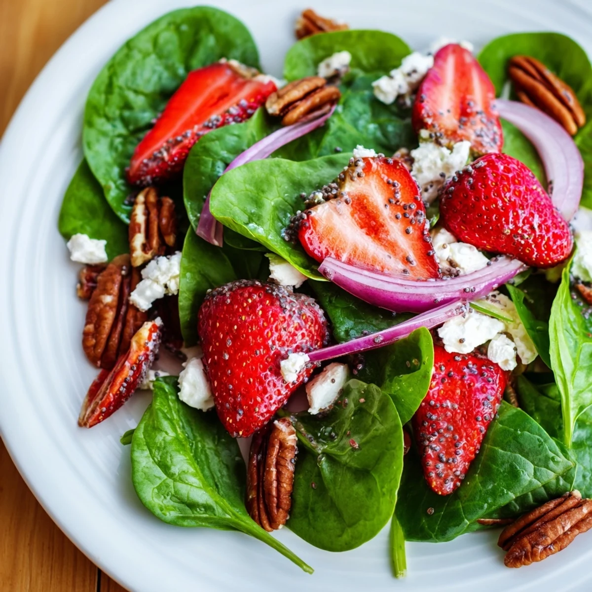 Fresh Spinach Strawberry Salad with vibrant red strawberries and crunchy pecans, ready to enjoy.