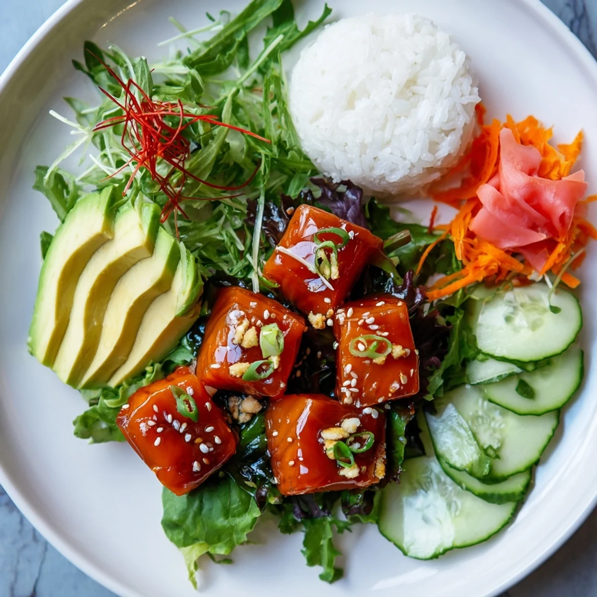 A colorful Poke Bowl Salad with fresh tuna, avocado slices, and sesame seeds drizzled.