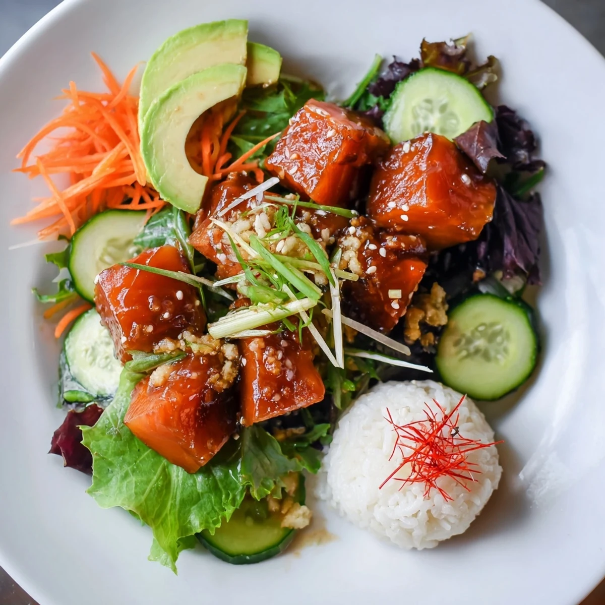This recipe shows a delicious Poke Bowl Salad, brimming with marinated fish and crunchy vegetables.