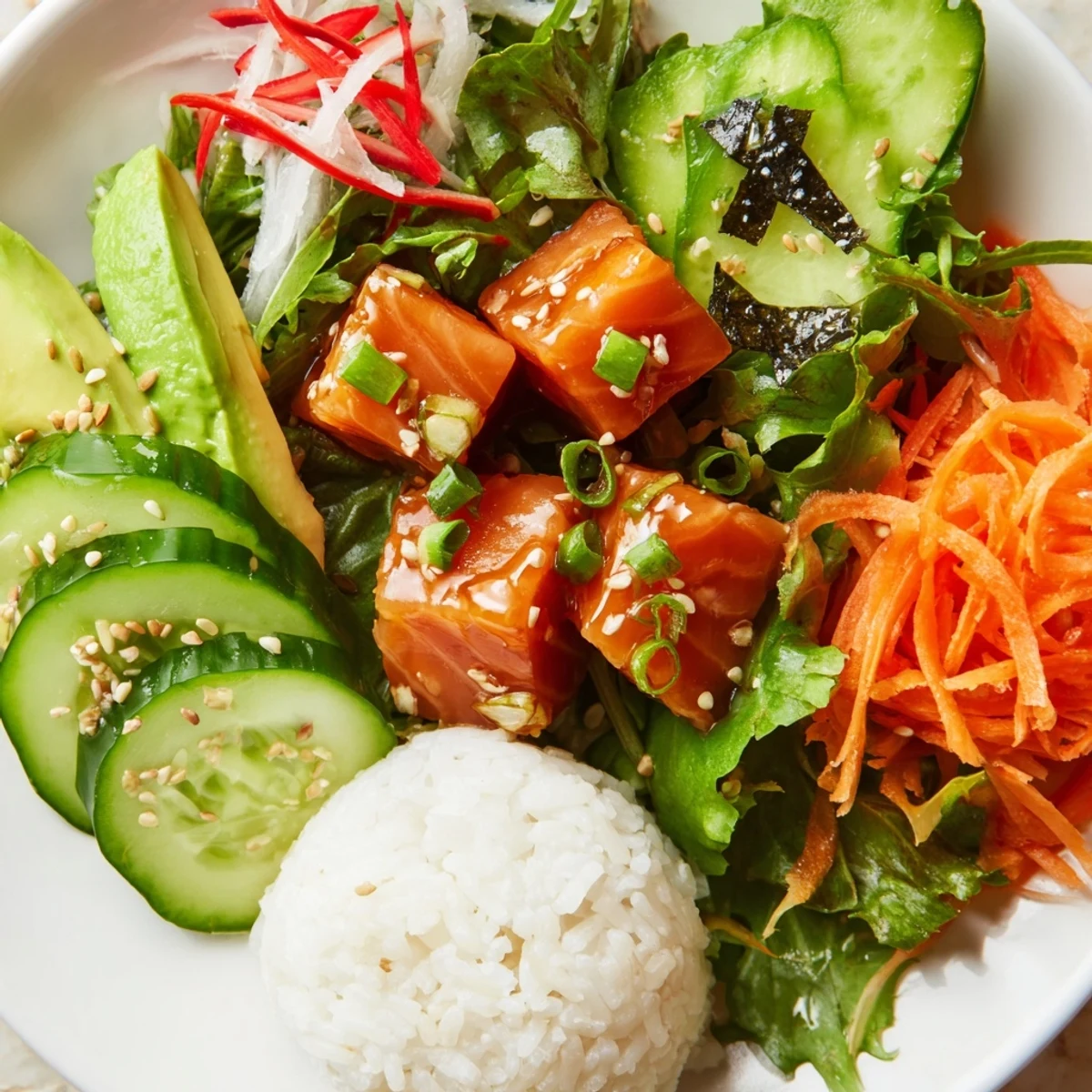Close-up image of a refreshing Poke Bowl Salad, ready to eat with vibrant toppings.