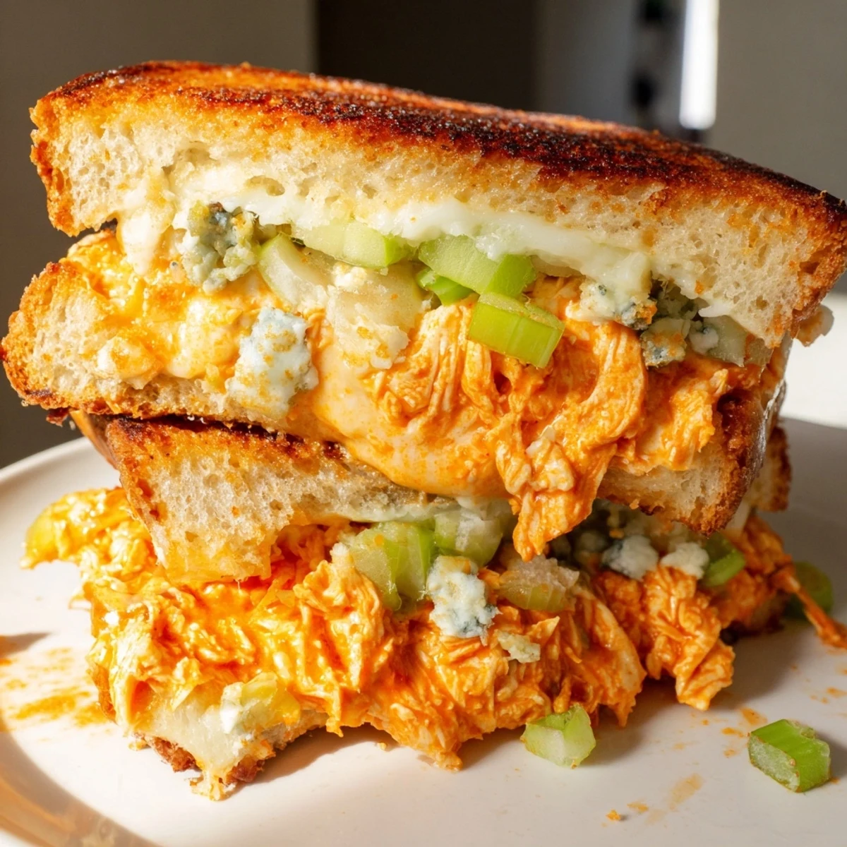 Golden buffalo chicken grilled cheese sandwich, oozing melted cheese with tender chicken and spicy sauce.
