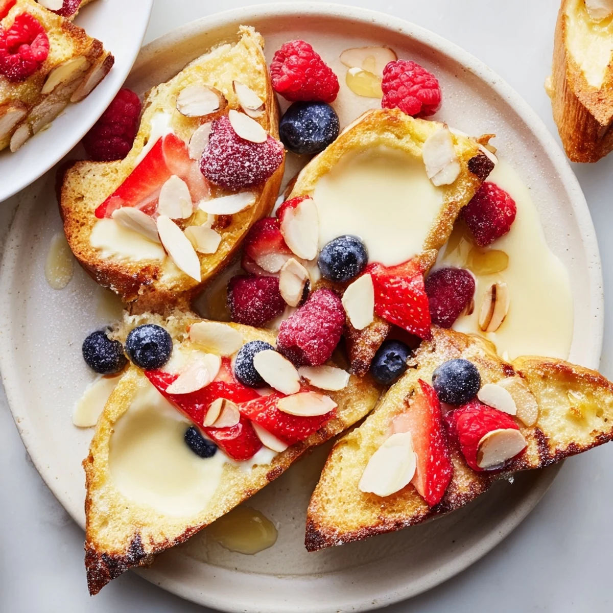 Golden-crusted Custard Toast, revealing a soft, creamy center, served warm with fresh berries.