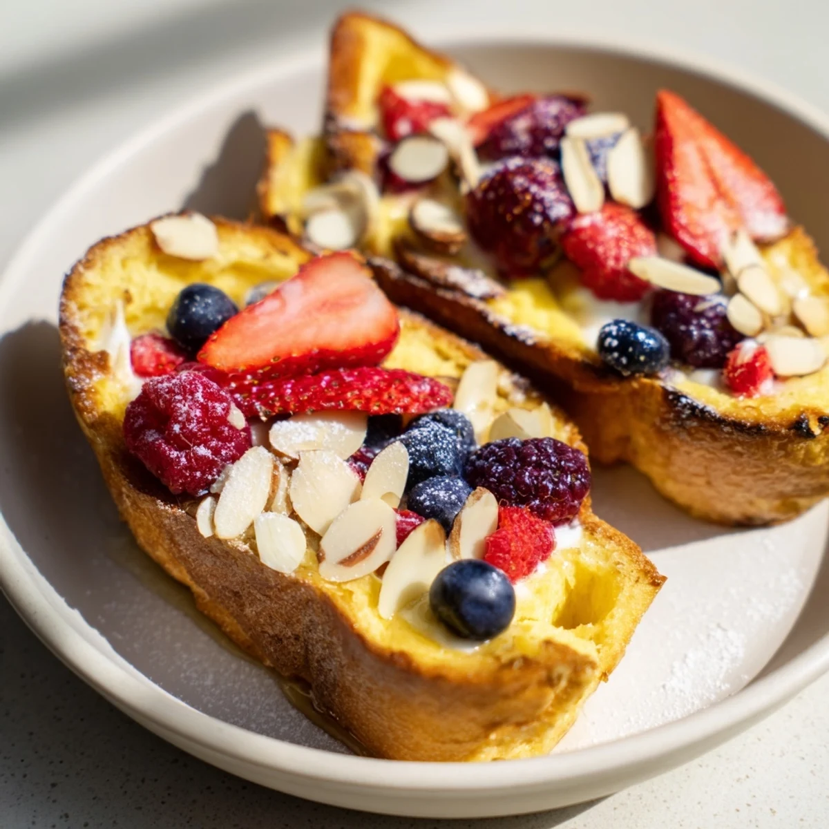 Baked Custard Toast glistening with honey, a delicious brunch treat perfect for sharing and enjoying.