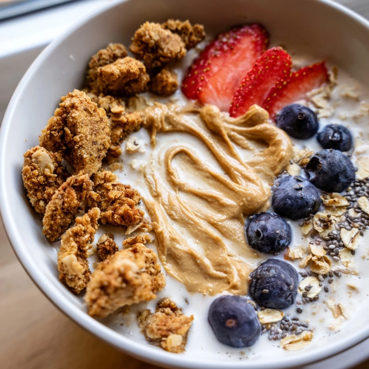 Creamy Overnight Oats Gourmet Makeover topped with berries, nut butter swirl, and cookie crumbles.