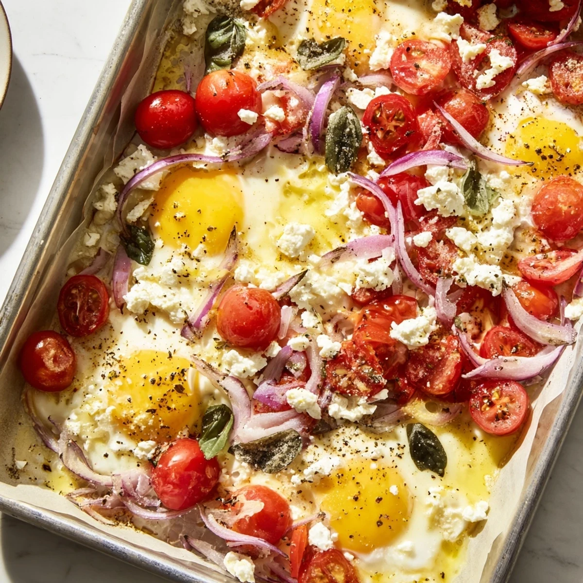 A delicious sheet pan of Tomato Feta Baked Eggs, served with fresh basil for a bright flavor.