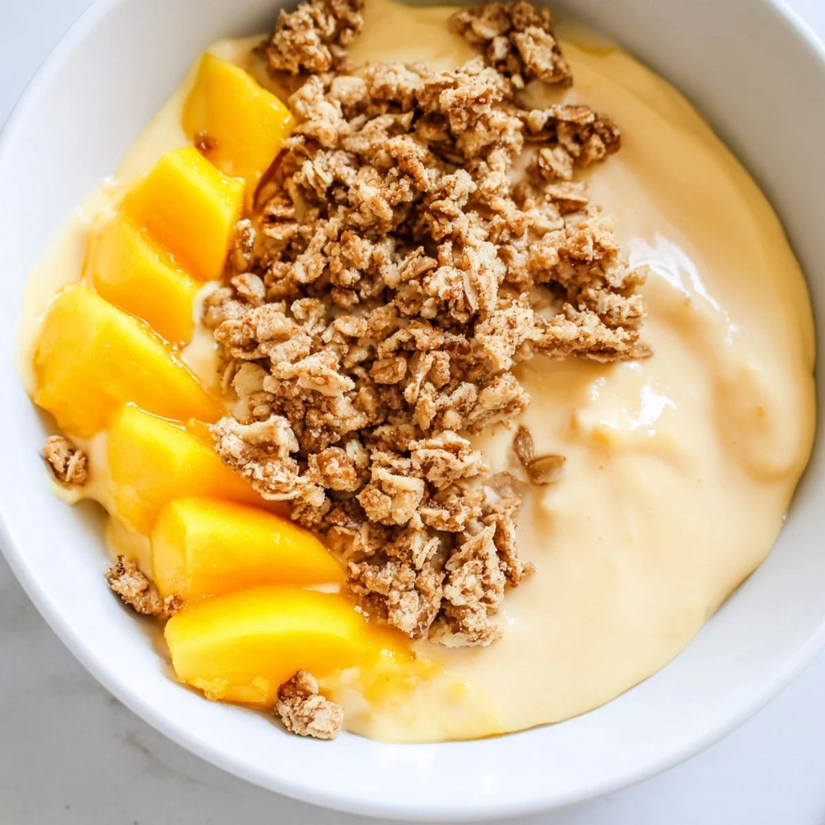 Vibrant, creamy Mango Blended Overnight Oats, swirled with a beautiful mango puree, ready to be enjoyed.