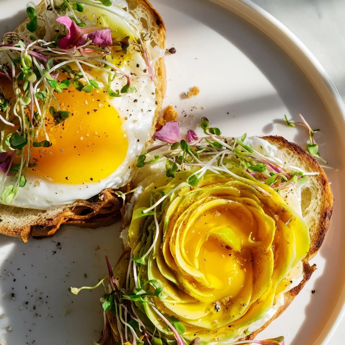 Cloud Toast 2.0 with fluffy egg white clouds, avocado roses, and honey for a delicious breakfast.