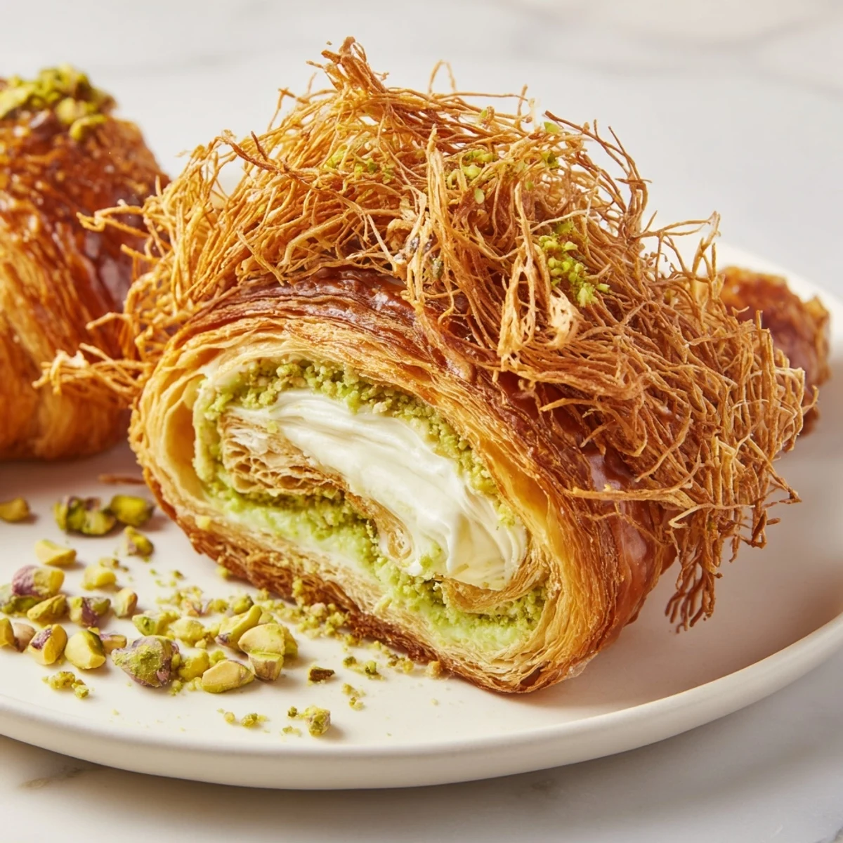 Golden, flaky Pistachio Cream Croissants, a decadent pastry bursting with creamy filling and crunch.