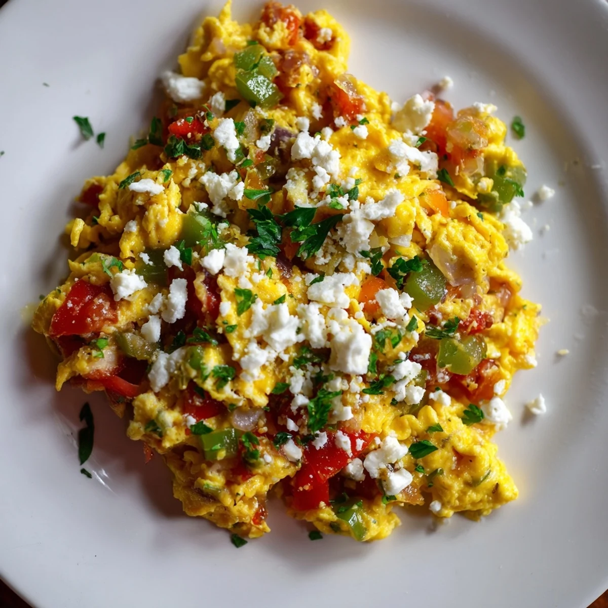 Vibrant Turkish menemen scramble, a hearty egg dish with tomatoes and peppers, ready to eat with crusty bread.