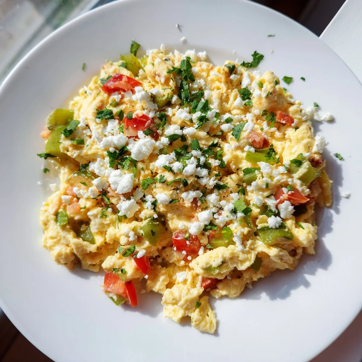 Warm, flavorful menemen scramble, a visually appealing skillet of cooked eggs with onions, peppers, and tomatoes.