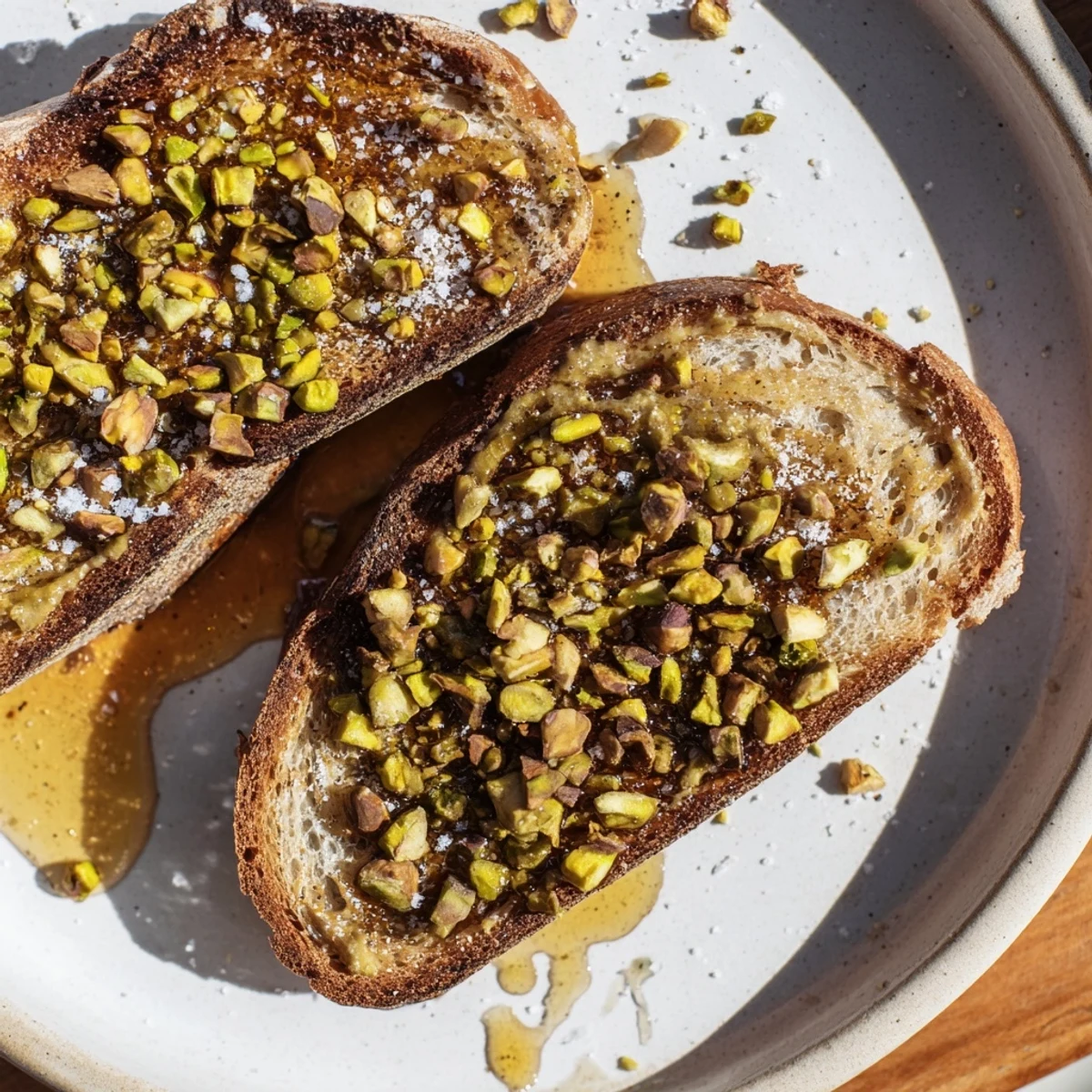 Golden-brown Pistachio Butter Toast topped with glistening honey and crunchy pistachios, ready to eat.