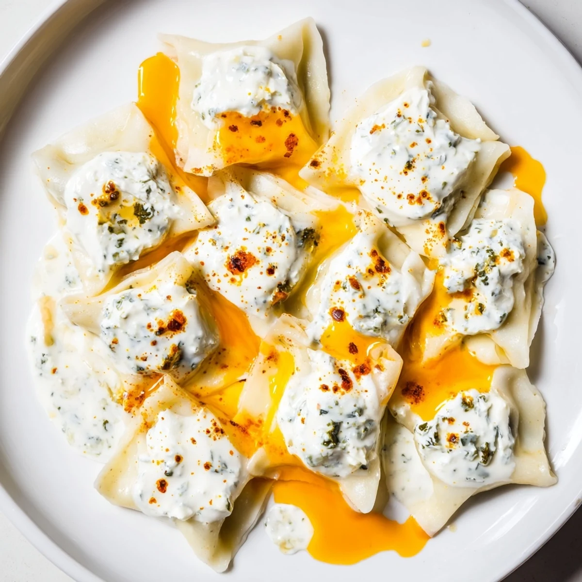 Golden, steaming Turkish cheesy manti dumplings, topped with creamy yogurt and spicy butter drizzle.