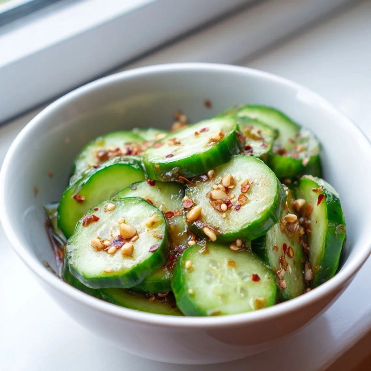 Bright green cucumber rounds glistening in a light soy-sesame dressing, garnished with sesame seeds and green onions.  