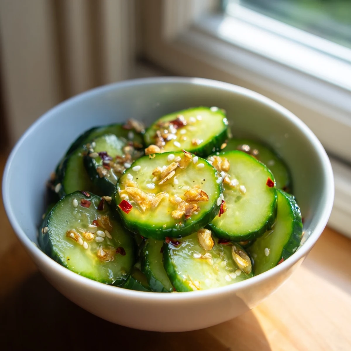 A vibrant bowl of Shake Shake Garlic Cucumbers topped with chili flakes and sesame seeds, ready to serve as a refreshing appetizer.