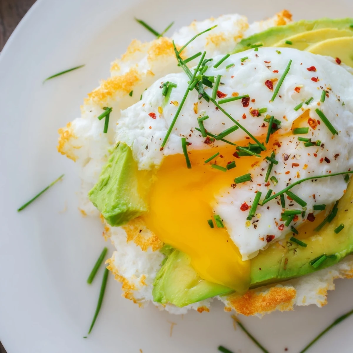 A close-up of airy, pillowy Cloud Bread Breakfast Clouds garnished with fresh chives and a sprinkle of red pepper flakes for a spicy kick.  