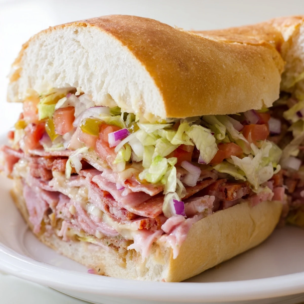 Toasted hoagie rolls stuffed with chopped Italian grinder sandwich ingredients, featuring salami, pepperoni, and melted provolone cheese.  