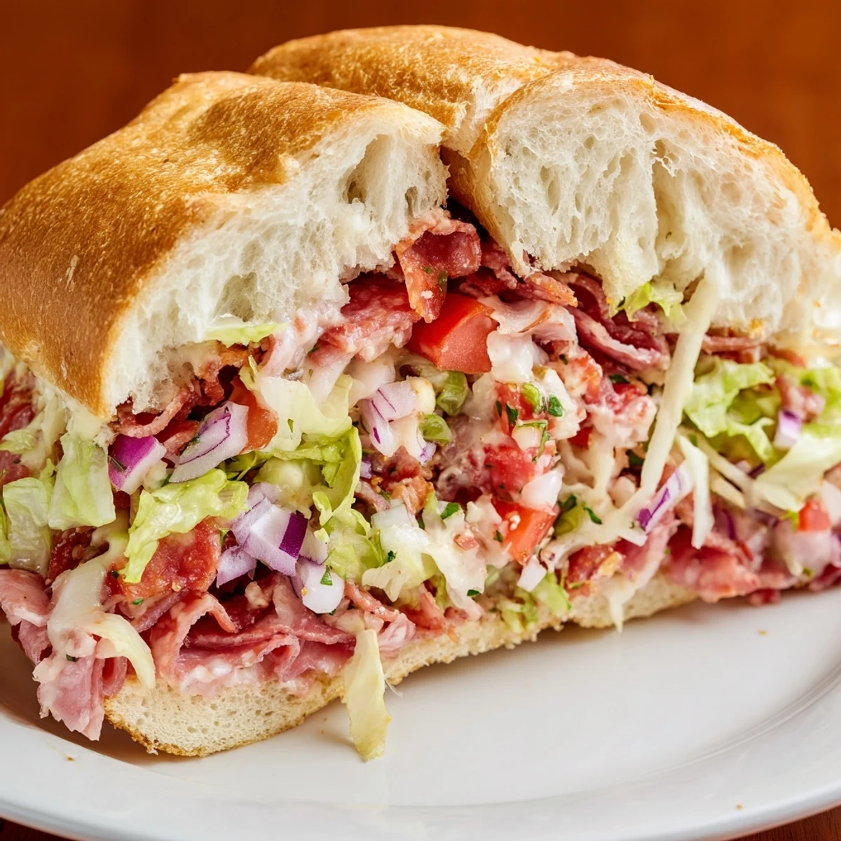 A close-up of a hearty Italian grinder sandwich filled with crisp lettuce, diced tomato, and a colorful mix of Italian deli meats.  