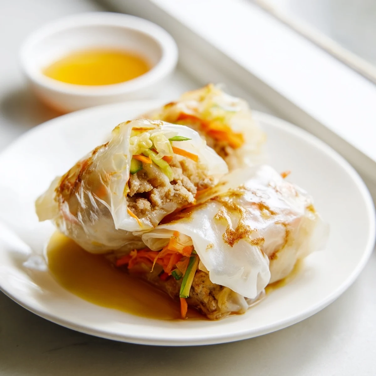 Freshly fried crispy rice paper dumplings arranged on a serving platter with a small bowl of dipping sauce.