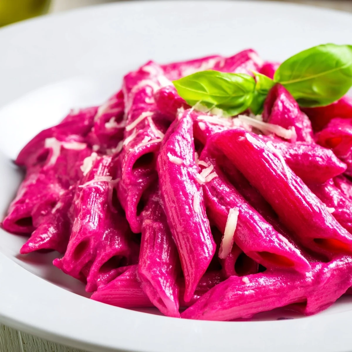 A vibrant bowl of Pink Pasta with Beet Cream, the silky beet sauce glazing penne with fresh basil and grated Parmesan garnish.