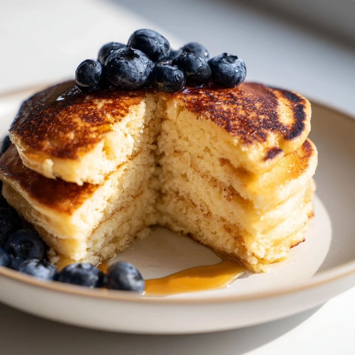 Fluffy blended Cottage Cheese Pancakes sizzle in a skillet, releasing a comforting aroma of vanilla and warm butter.