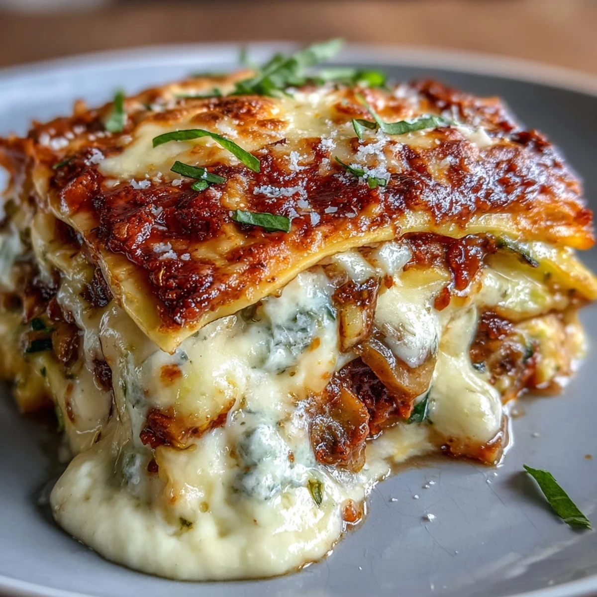 One-Pan Smoky Veggie Lentil Lasagne served in a skillet with fresh basil garnish, ready for a hearty meal.