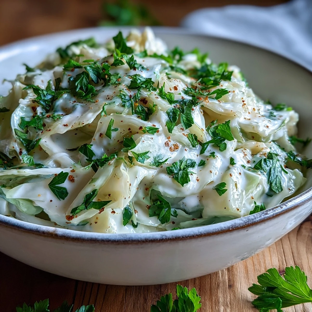 Creamed Cabbage simmering in a creamy sauce garnished with fresh parsley, a warm and comforting vegetarian side dish.