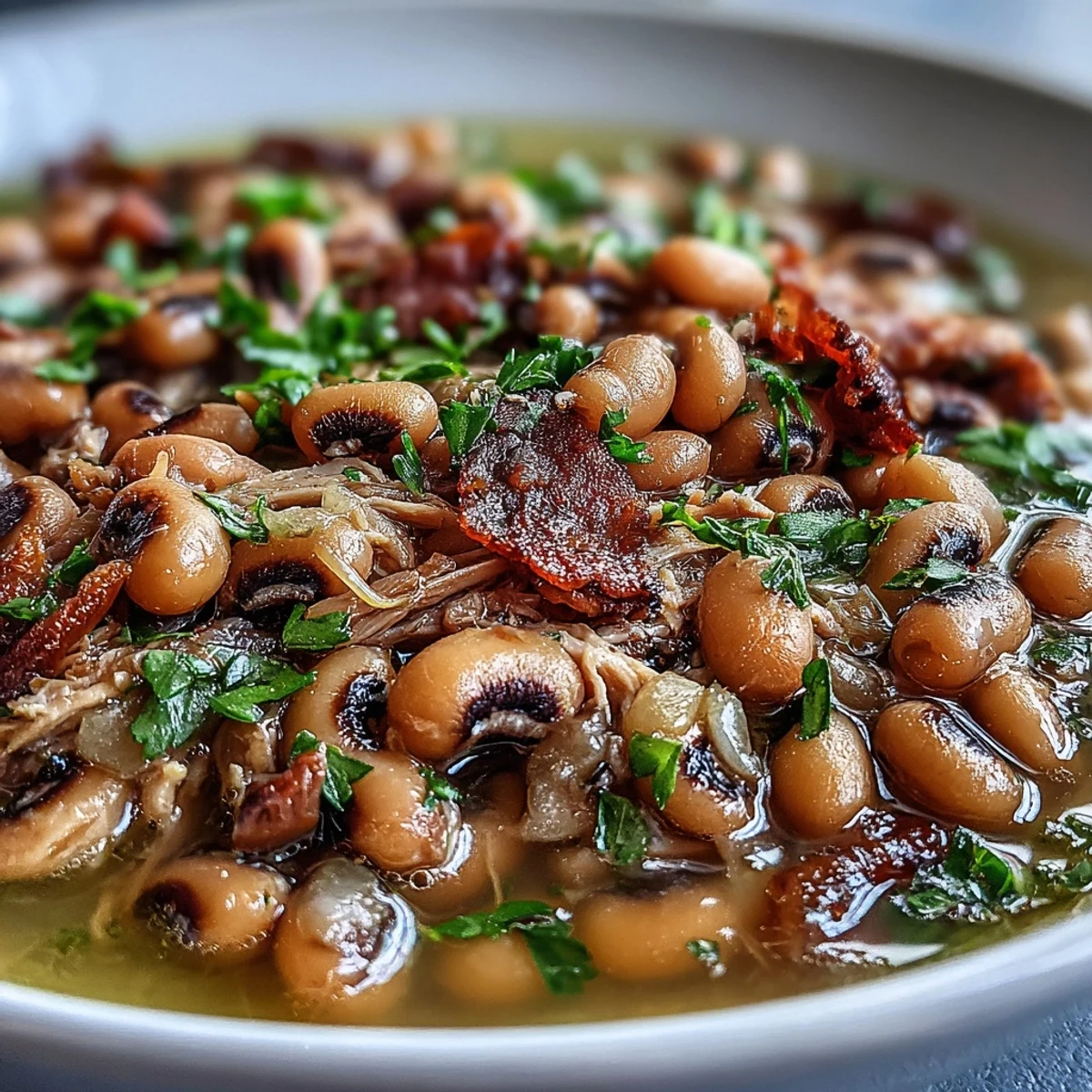 Southern-style Crock-Pot Black-Eyed Peas with Smoked Turkey served steaming hot in a rustic bowl, garnished with fresh herbs and a slice of cornbread on the side.