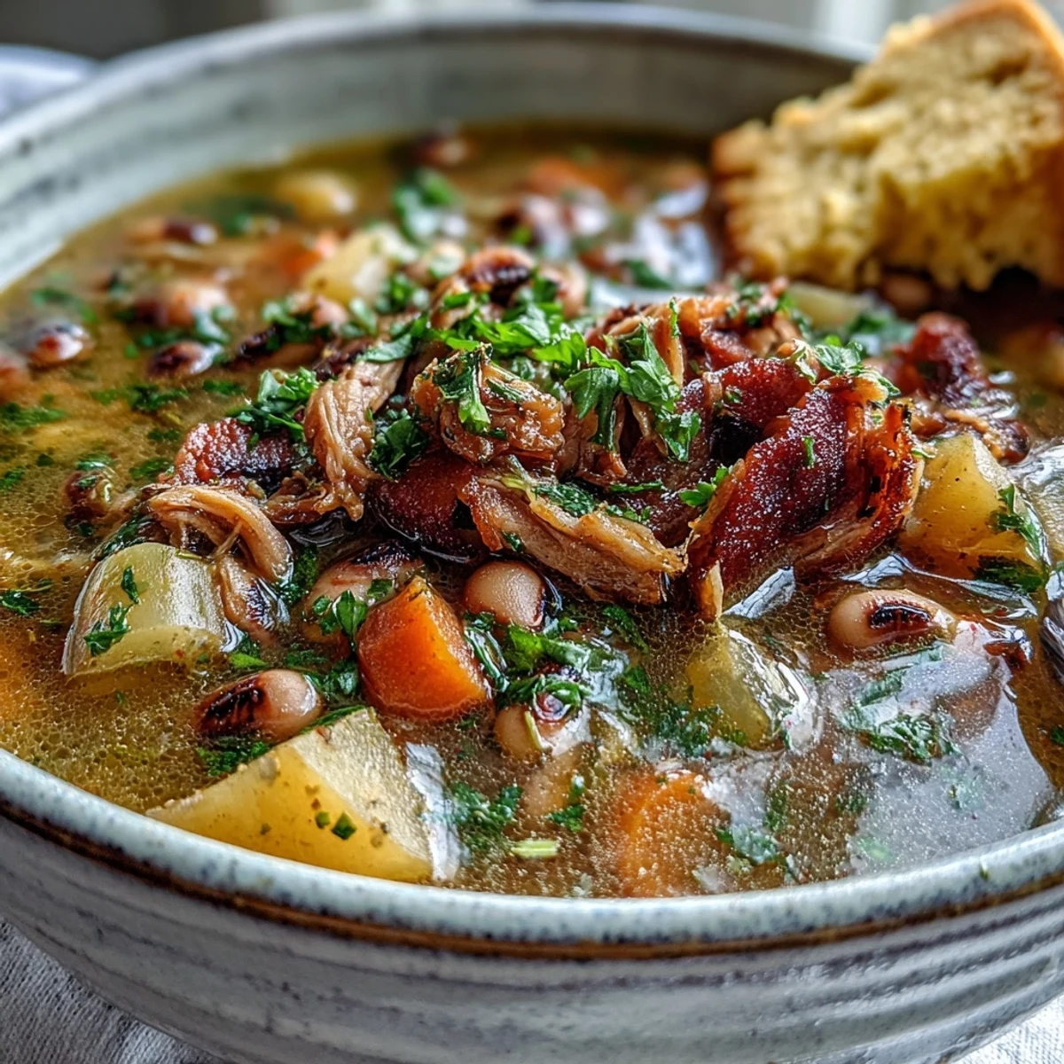 A close-up bowl of Black-Eyed Pea Stew with Smoked Ham Hocks, showcasing tender peas and shredded meat in a rich, savory broth.