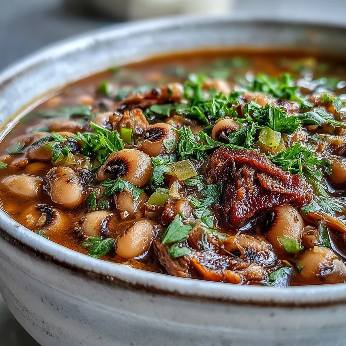 Bowl of tender Classic New Years Black-Eyed Peas topped with fresh parsley and hot sauce.