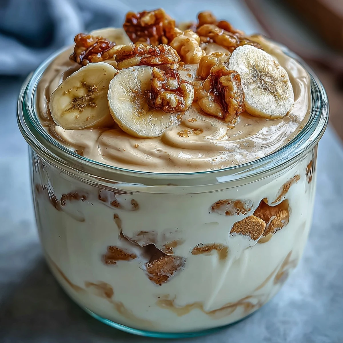 Cold Protein Banana Pudding with a luscious Greek yogurt texture, wafers, and sliced bananas, perfect for a high-protein snack.