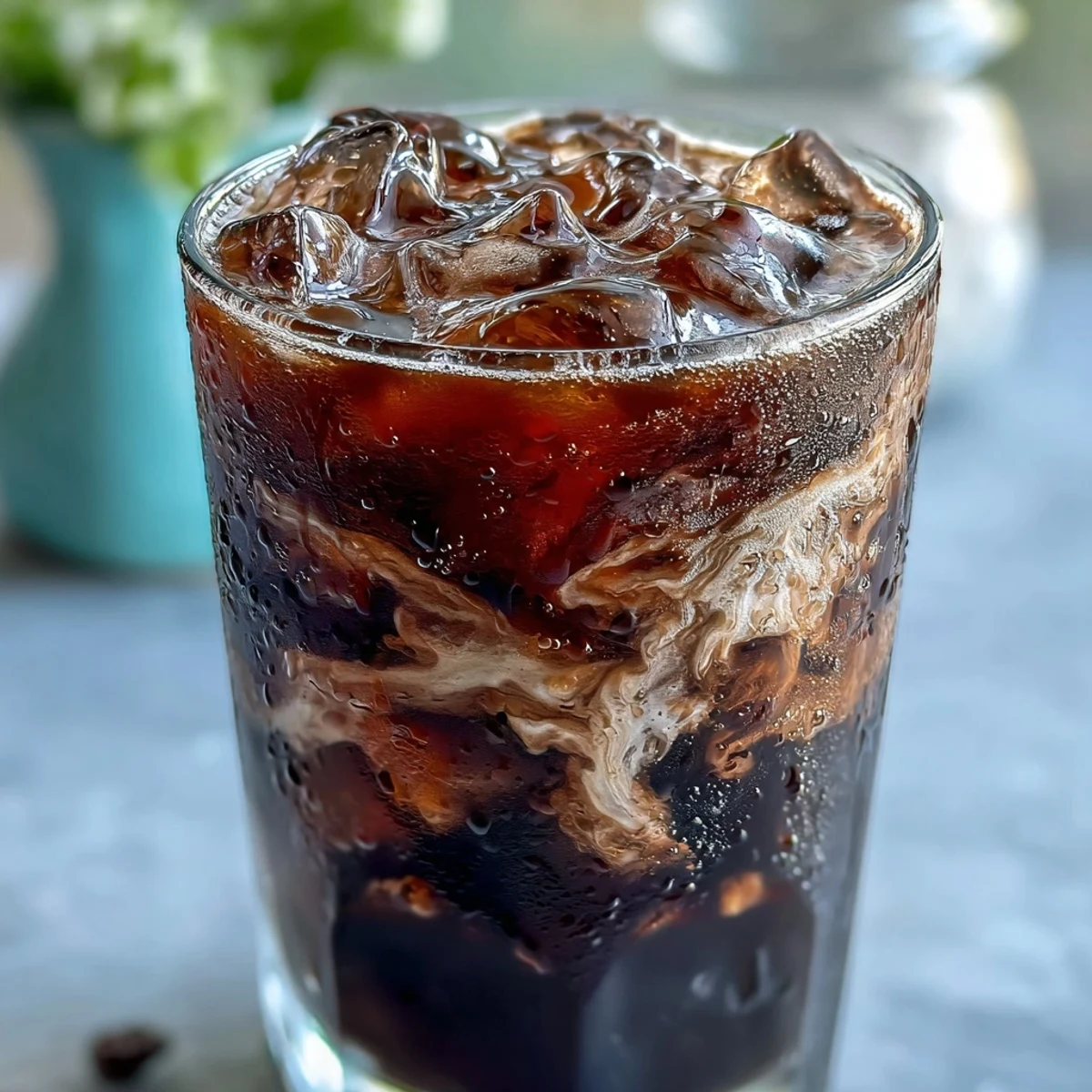 A glass of Midnight Malibu Dirty Soda with ice, layered blackberry syrup and floating coconut cream, garnished with fresh blackberries.