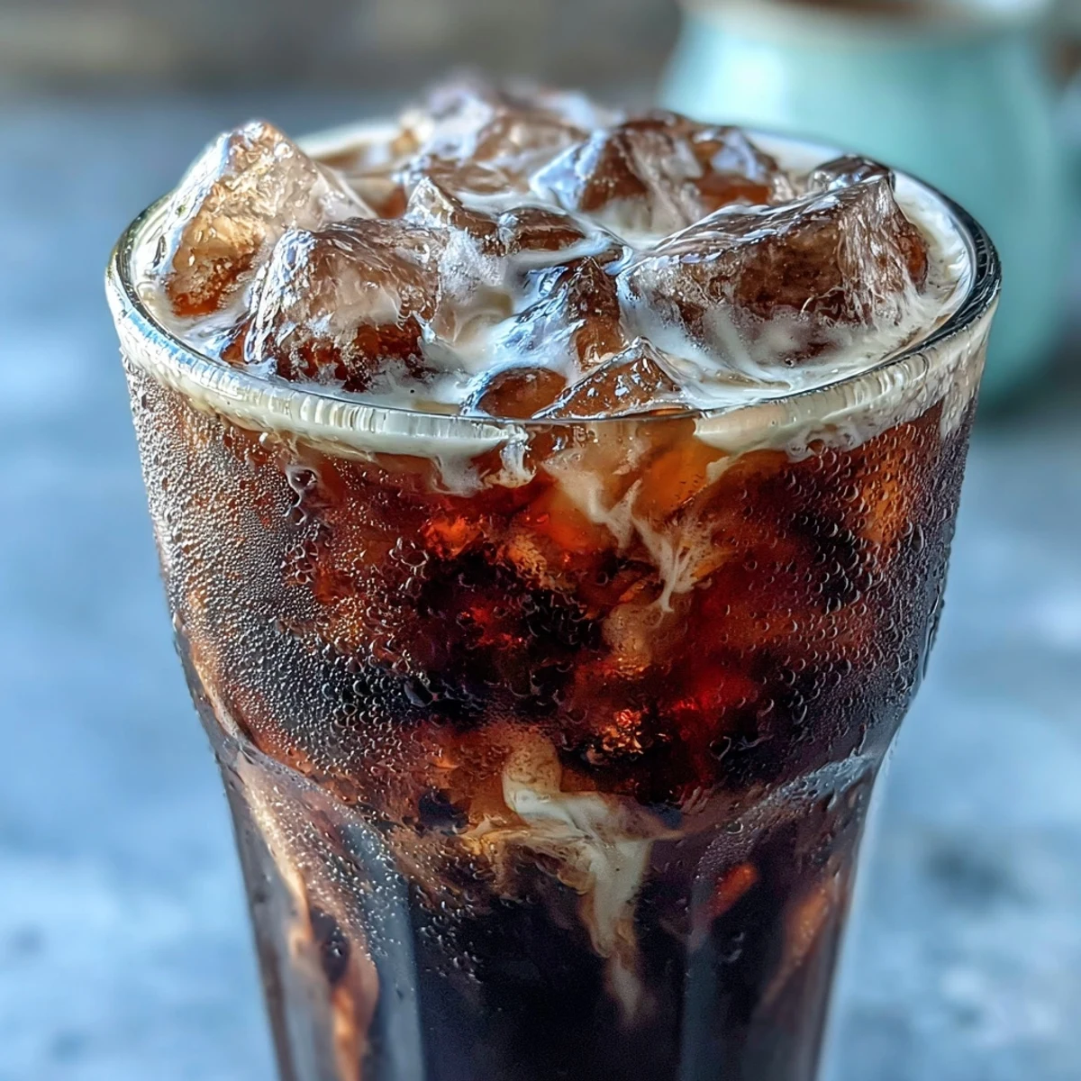 Midnight Malibu Dirty Soda in a tall glass, showing a creamy coconut float on Dr Pepper, swirled with sweet blackberry syrup.