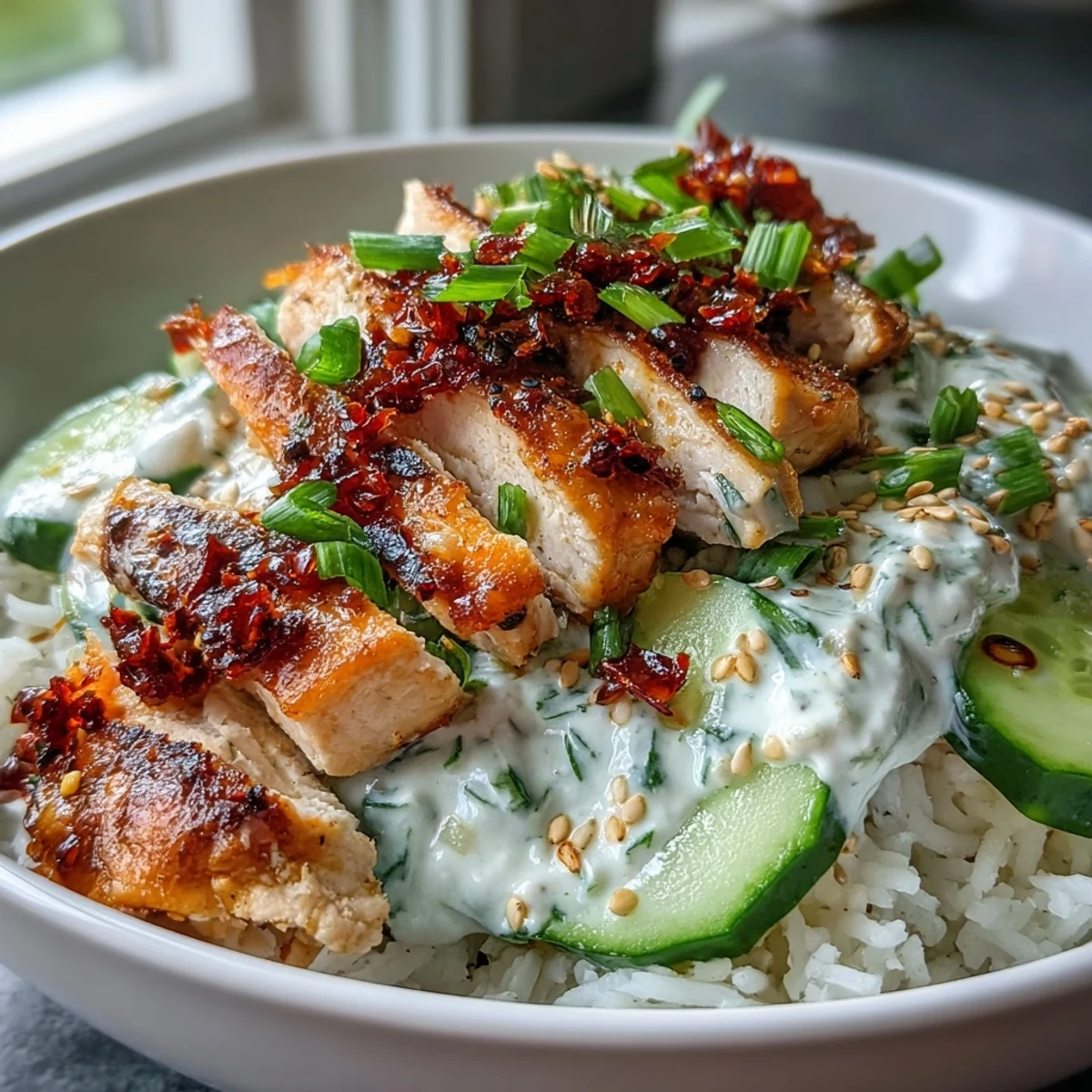 Golden-brown seared chicken slices and crisp cucumbers tossed in creamy Asian-style dressing in a TikTok Chili-Crisp Cucumber Chicken Bowl.