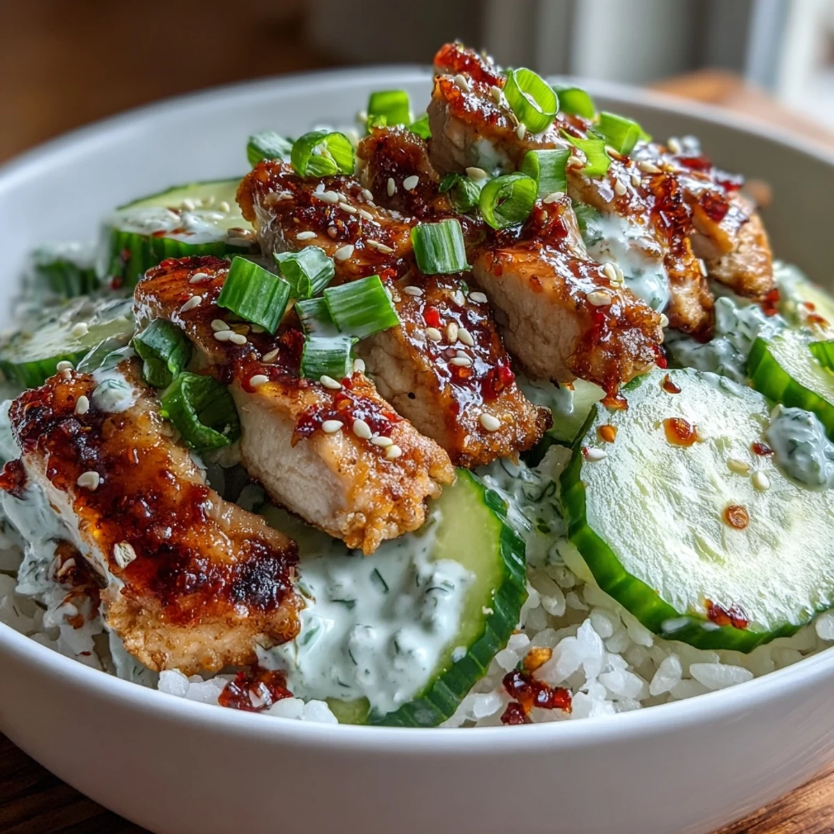 Vibrant bowl with fluffy jasmine rice, juicy chicken, and a generous drizzle of spicy chili crisp, topped with fresh cilantro.