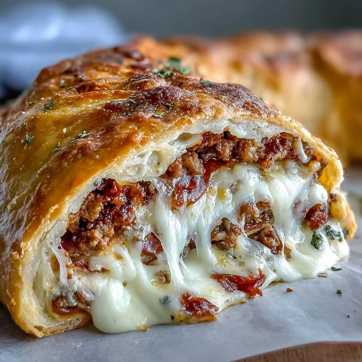 Close-up of a steamy slice of Baked High-Protein Pepperoni Stromboli revealing layers of savory ground beef and melted mozzarella.