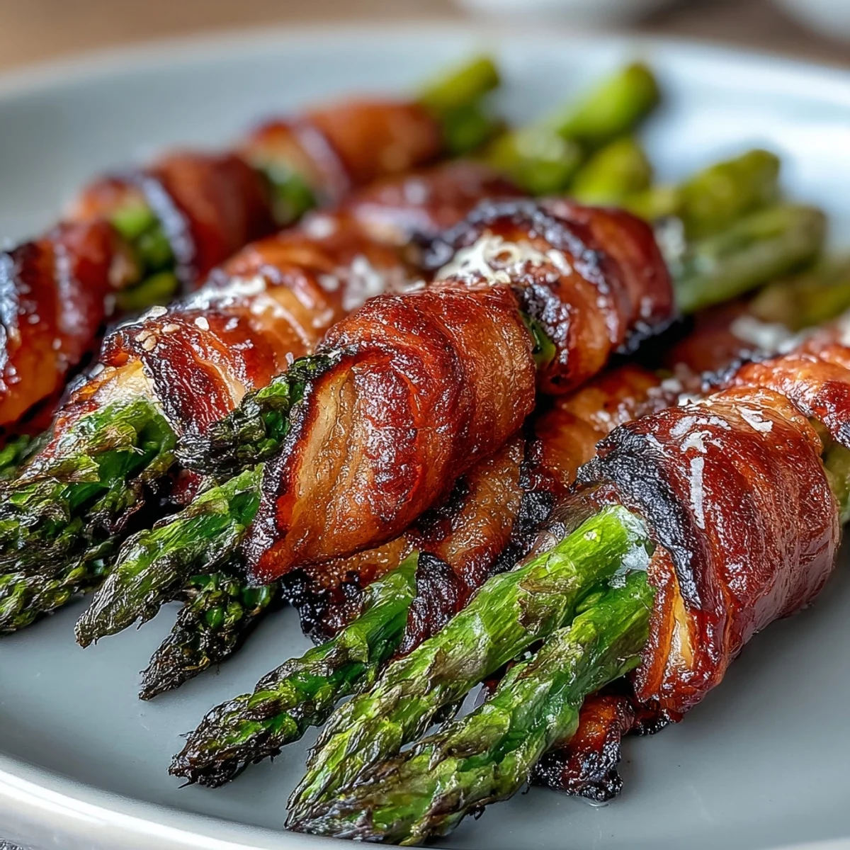 Freshly roasted Keto Bacon-Wrapped Asparagus Bundles with Parmesan sizzling on a parchment-lined tray.