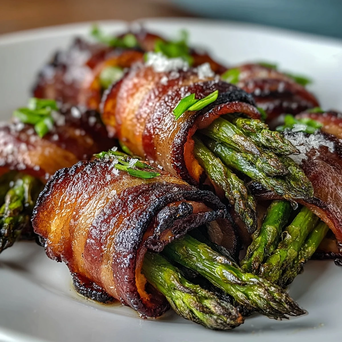 Golden-brown bacon wraps around tender green asparagus bundles topped with melted Parmesan cheese.